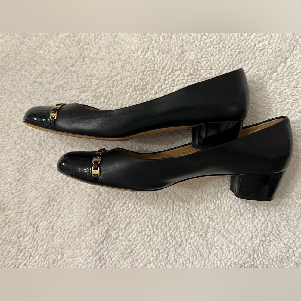 Salvatore Ferragamo Black Patent Leather Block Heel Pumps with Gold Accent - Picture 6 of 9